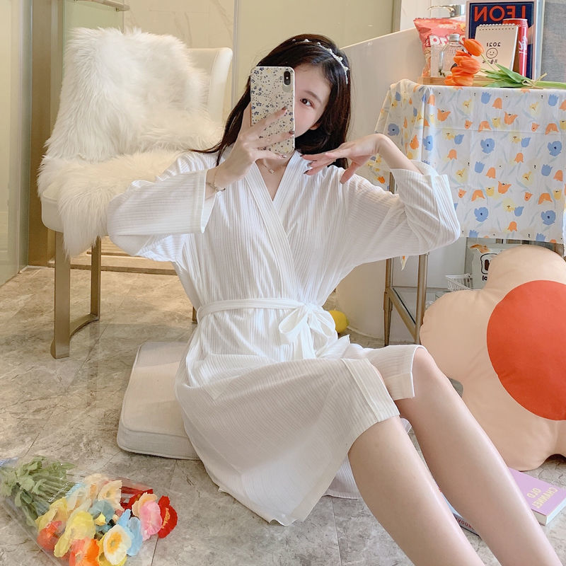 Mùa Xuân Và Mùa Hè Dài Tay Áo Ngủ Nữ Sọc Màu Bông Mỏng Nhật Bản Sexy Áo Choàng Dài Kích Thước Lớn Nhà Dịch Vụ Có Thể Được Mặc Bên Ngoài
