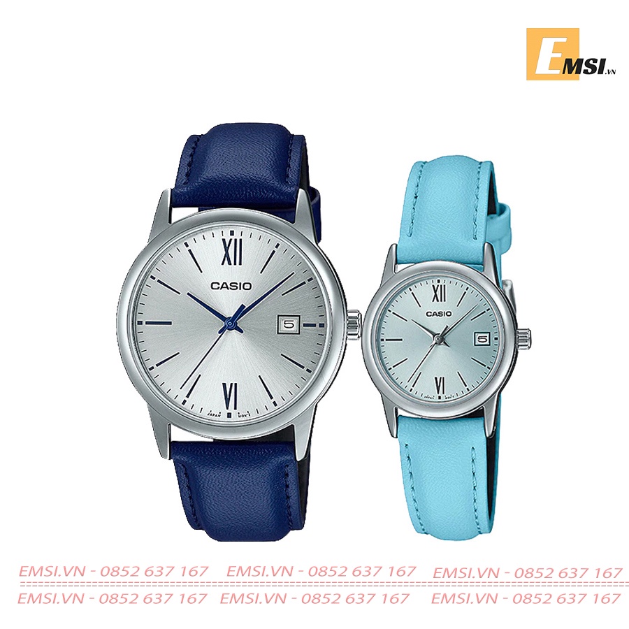 Đồng Hồ Casio Cặp Đôi MTP-V002L-2B3UDF & LTP-V002L-2B3UDF Dây Da - Mặt Số La Mã Nền Mặt Xanh - Chống Nước EMSI.VN