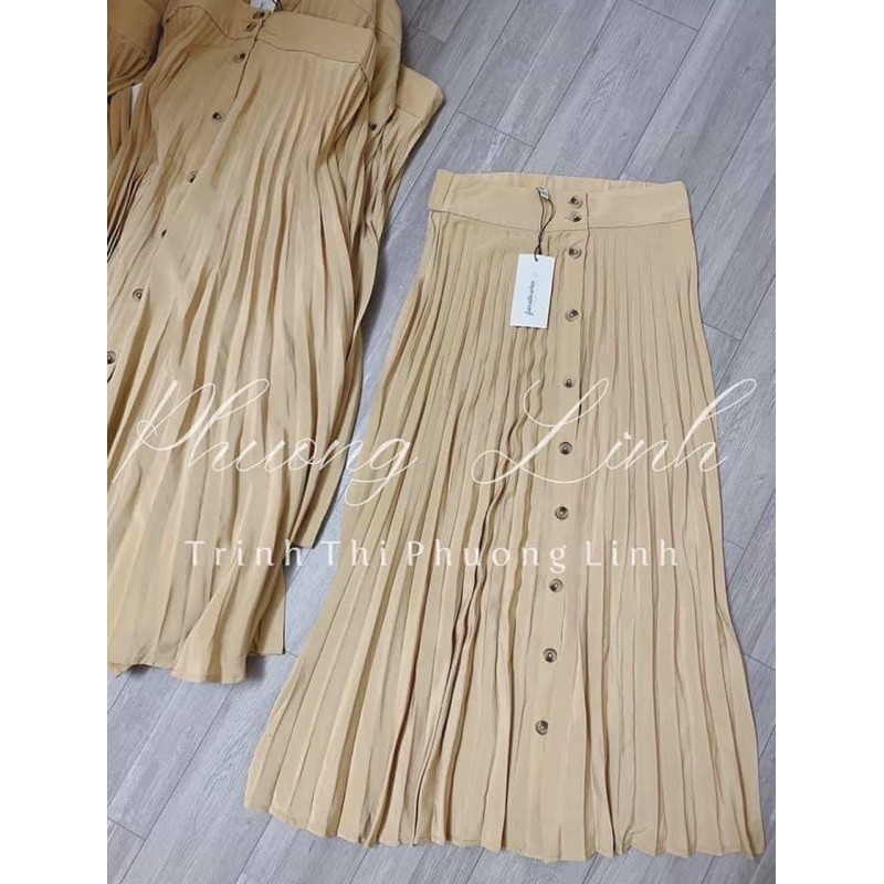 VÁY MIDI MÀU NUDE XẾP LY SIÊU ĐẸP