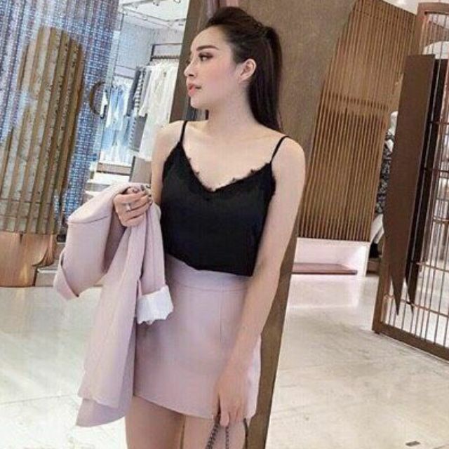 Áo 2 dây phi lụa phối ren sang chảnh
