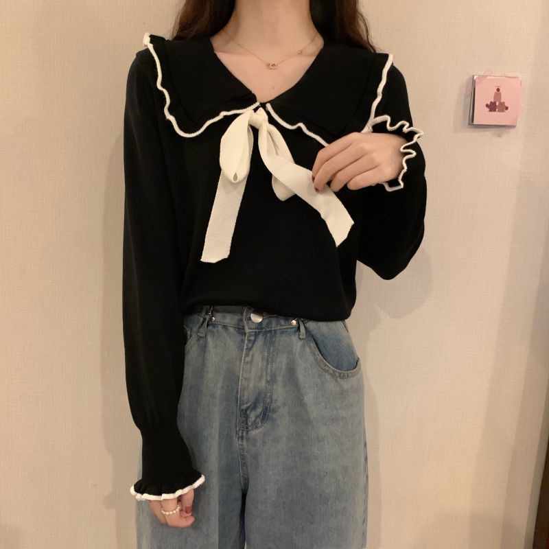 Áo Dệt Kim Nữ Tay Dài Cổ Búp Bê Đính Nơ Phong Cách Hàn Quốc