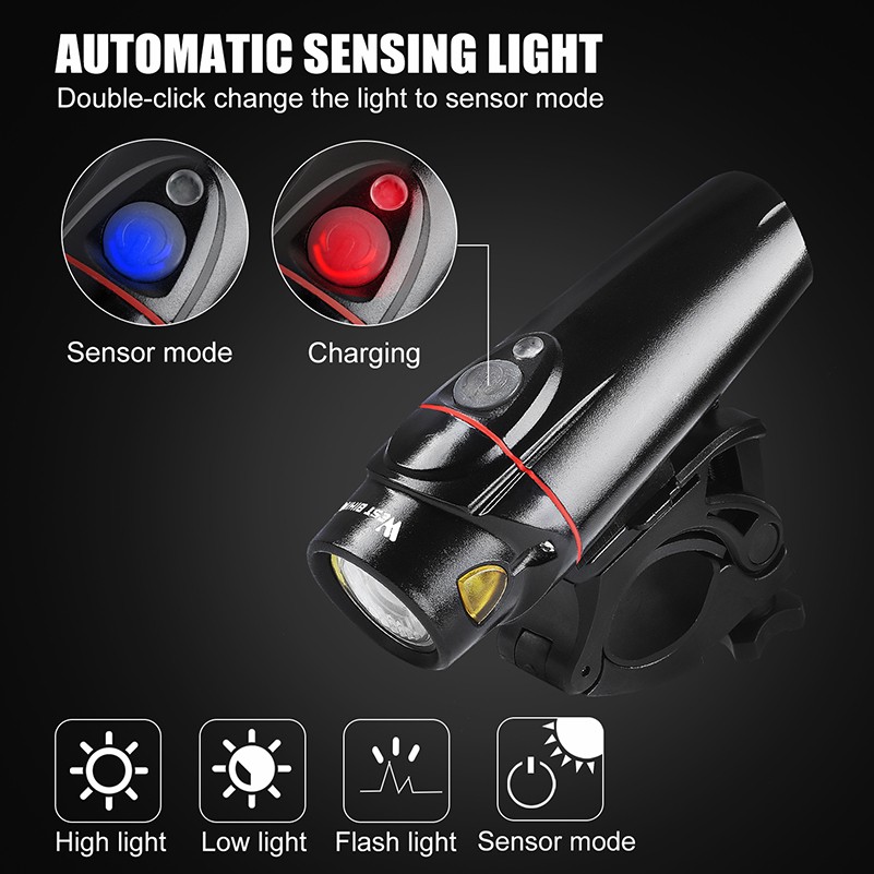 Đèn Chiếu Sáng WEST BIKING Dùng Cho Xe Đạp Cảm Biến Tự Động Sạc USB 350 Lumen