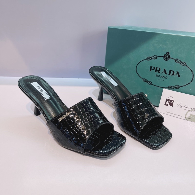 Guốc cao gót Quảng Châu Cao Cấp PRADA đen 7cm (size 1.5) [Full hộp-phụ kiện]