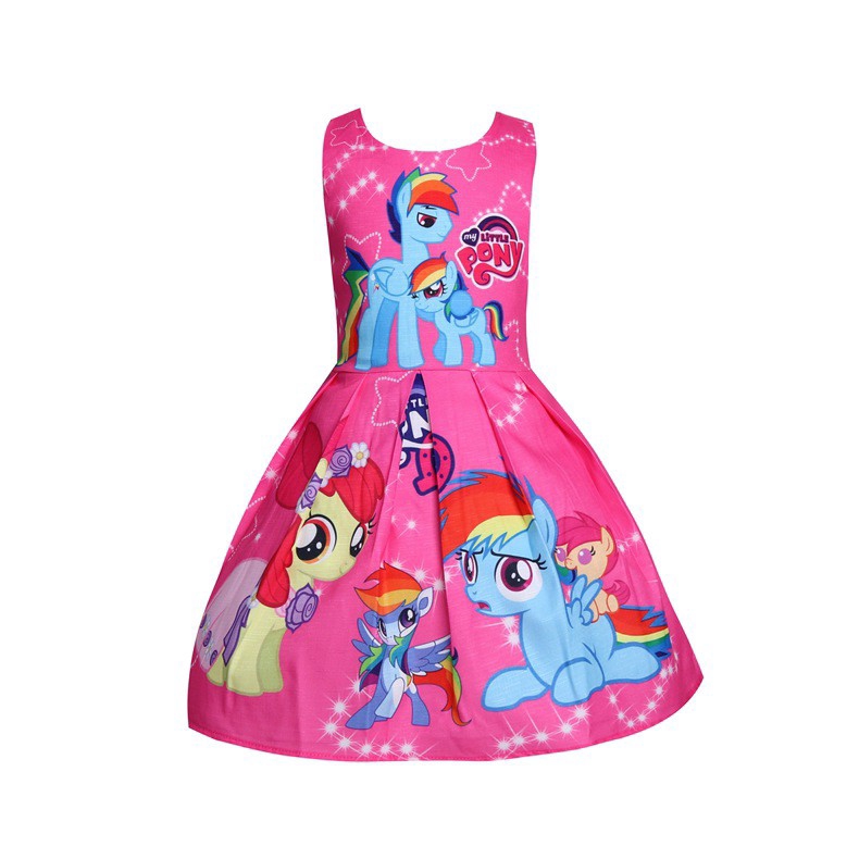 Đầm công chúa màu hồng in hình ngựa con hoạt hình cho bé gái
