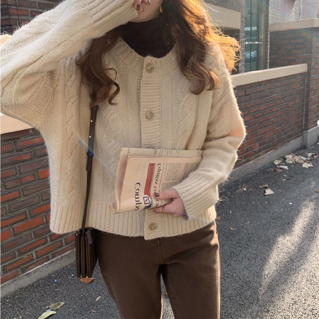 Áo khoác cardigan dệt kim cổ tròn tay dài dáng rộng 48238