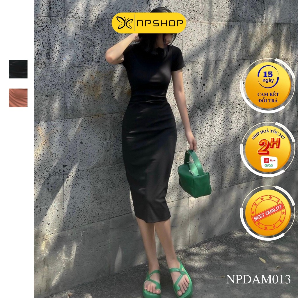 Đầm thun nữ cổ tròn ngắn tay, đầm body dáng dài đơn giản NPDAM013