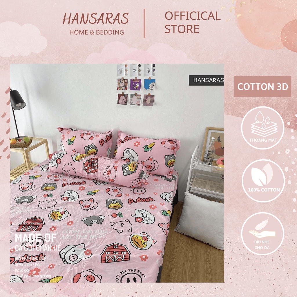 Bộ ga gối HANSARAS cotton 3D mềm mại mẫu mã đa dạng ĐƠN GIẢN