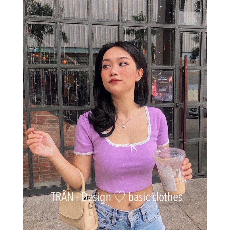 CROPTOP VIỀN REN TAY NGẮN
