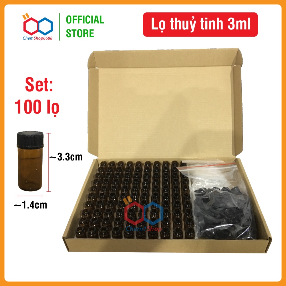 Hộp 100 lọ thuỷ tinh màu nâu, 3ml, nắp vặn kèm nút nhỏ giọt