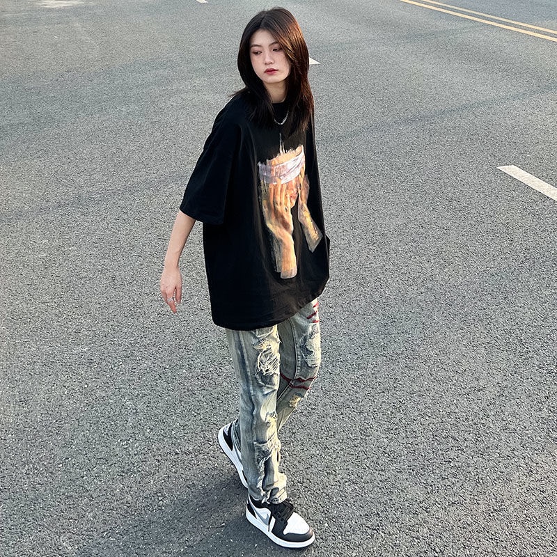 Áo Thun Nữ Ngắn Tay Cổ Tròn Form Rộng In Hình Chân Dung Phong Cách retro