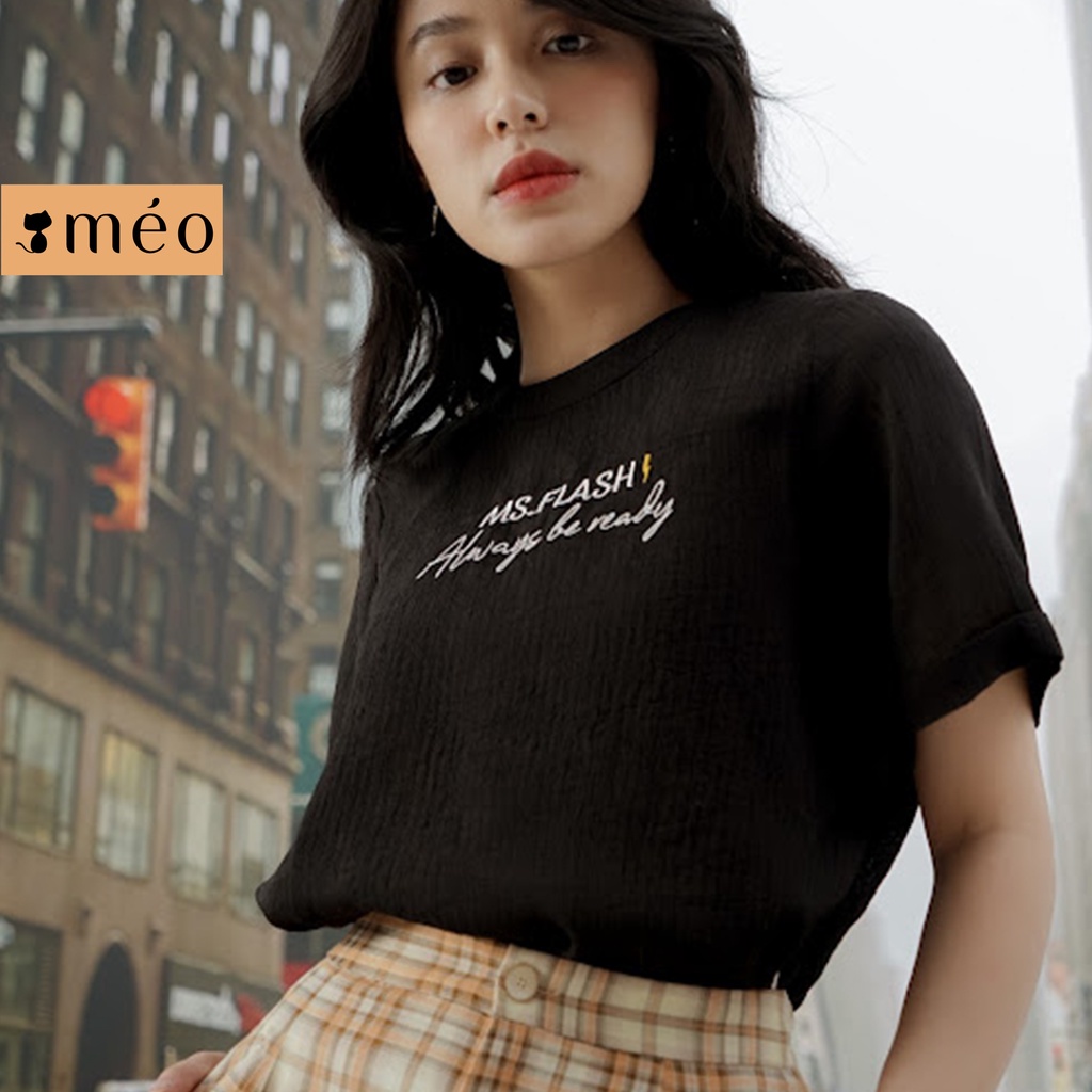 Áo kiểu nữ Méo Shop tay ngắn vải sheer thêu chữ kiểu hàn Ms.Flash