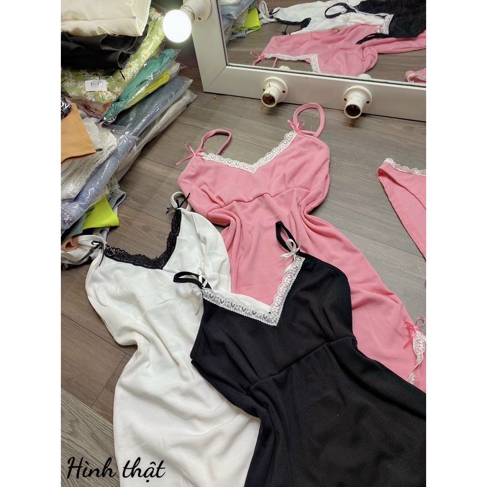đầm ngủ viền ren xẻ đùi kèm quần lót chất thun gân