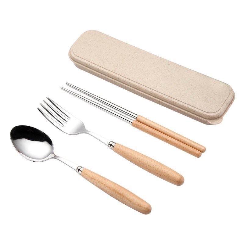 Bộ 3 Dụng Cụ Bàn Ăn Gồm Đũa, Thìa, Dĩa Inox Cán Gỗ Có Hộp Đựng