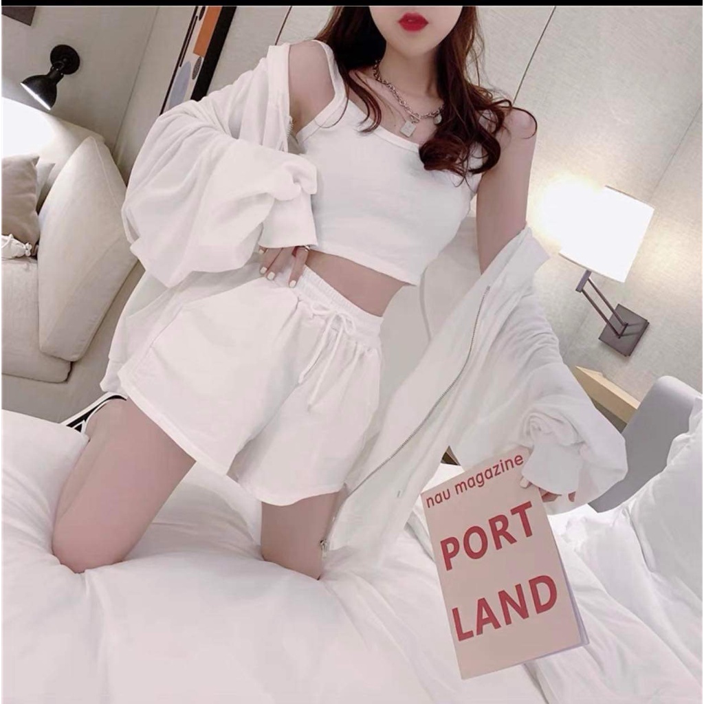 Sét 3 món đi biển xinh xắn, áo sơ mi phối quần đùi phong cách hiện đại thời trang nữ