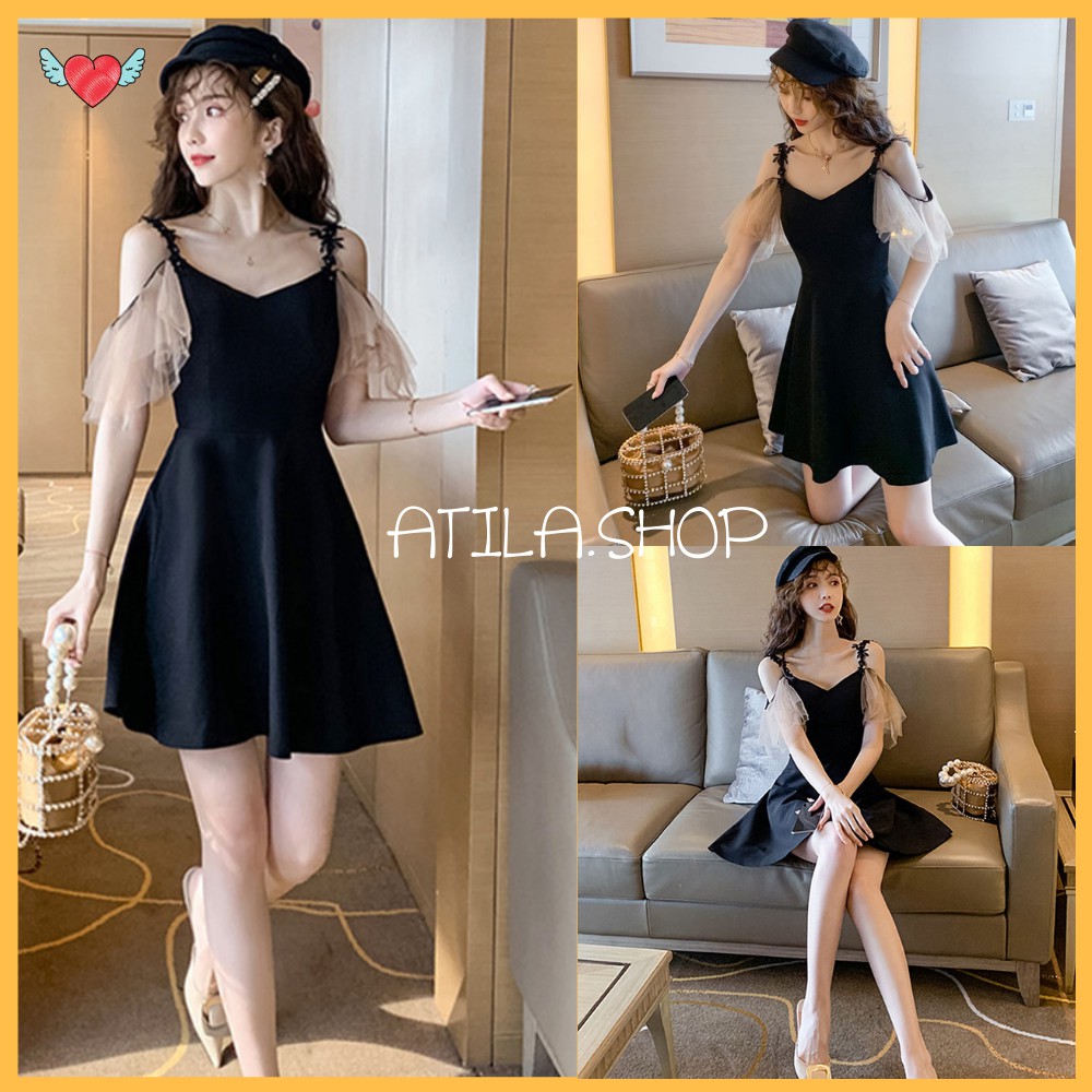 Đầm nữ , đầm dự tiệc nữ tay lưới hở vai quyến rũ phong cách Hàn Quốc ATILA.SHOP