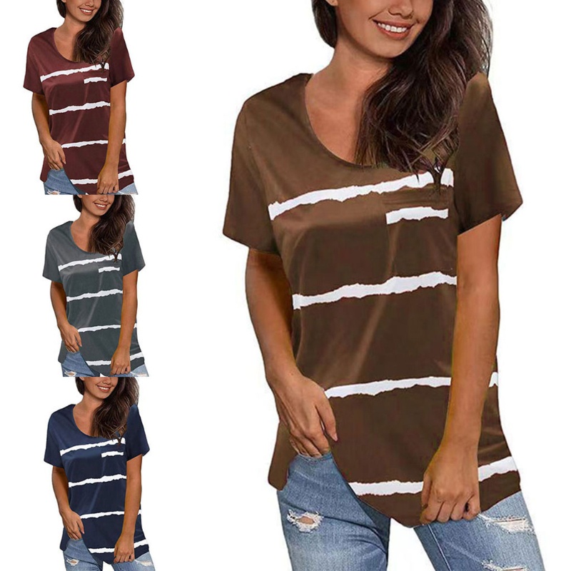 Áo Thun Ngắn Tay Cổ Tròn Dáng Rộng In Họa Tiết Kẻ Sọc Màu Gradient Thời Trang Mùa Hè Cho Nữ Plus