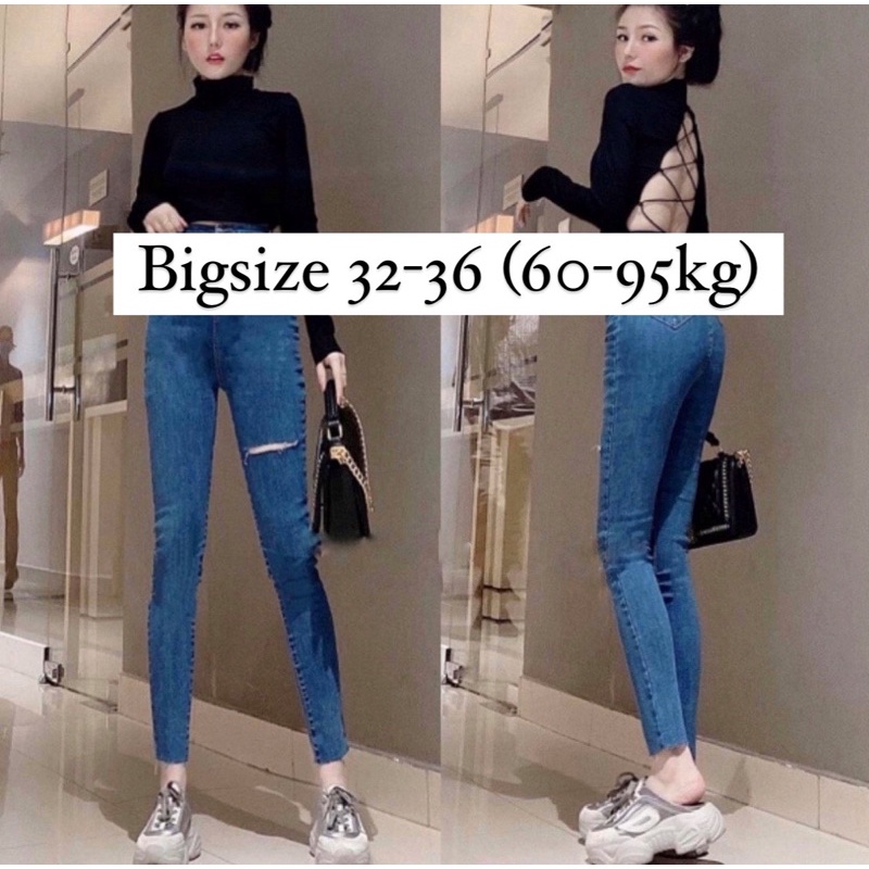 [Bigsize 32-36] Quần Jean Skinny Xanh Đậm Rách 1 Đùi Tua Lai, Jean Co Giãn Lưng Siêu Cao