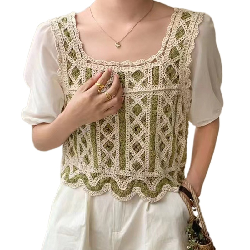 Brroa Áo Croptop Dệt Kim Chiffon Tay Lửng Cổ Vuông Phối Màu Tương Phản Kiểu Pháp Cho Nữ