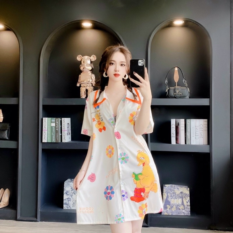 Váy ngủ sơ mi tay lỡ cổ nhọn viền xanh thỏ YIME lụa satin cao cấp quảng châu FF08.