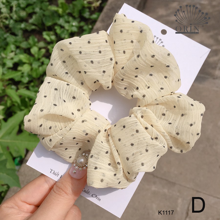 Buộc tóc, cột tóc vải scrunchies chiffon chấm bi siêu đẹp Orin K1117