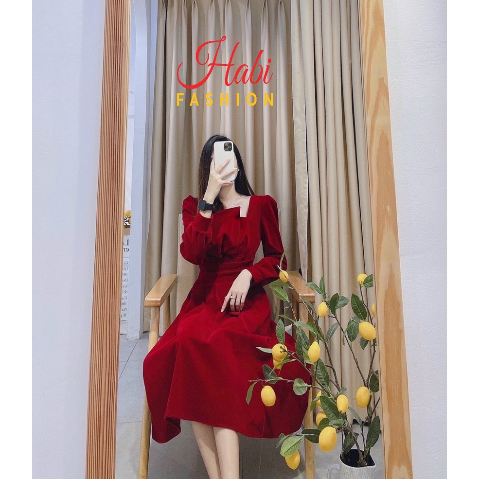 Đầm nhung xòe, Váy nhung thiết kế dự tiệc, đi chơi sang chảnh_Habi Fashion