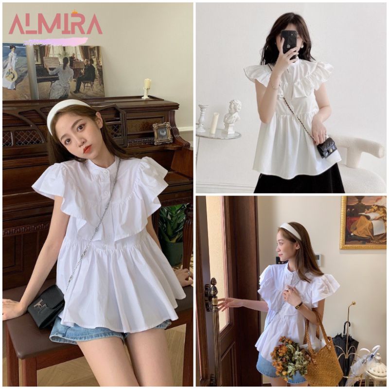 Áo Sơ Bèo Vai Sát Nách Màu Trắng Phong Cách Hàn Quốc