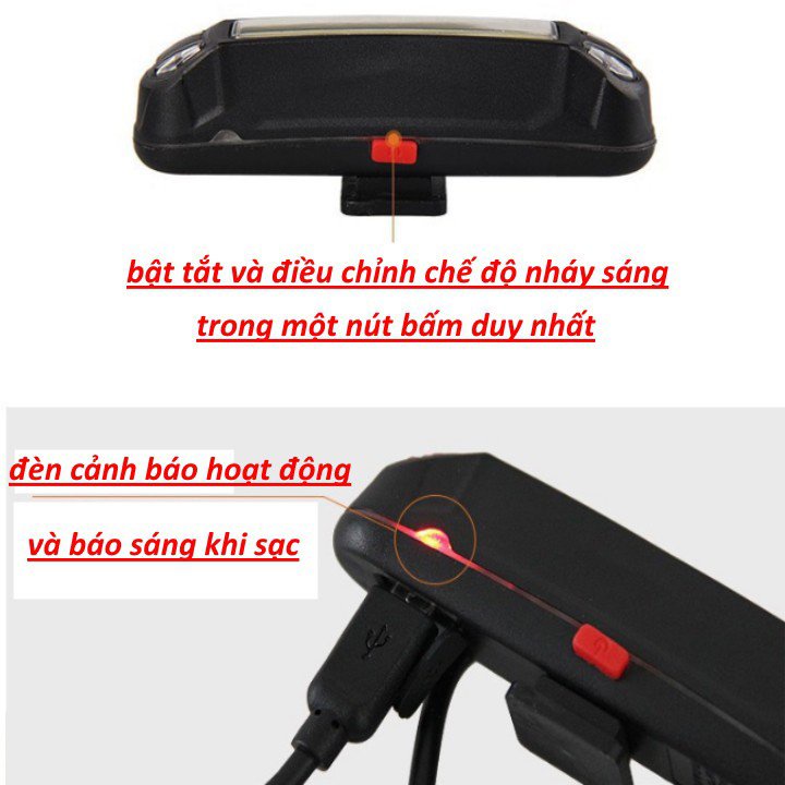 Đèn hậu xe đạp nháy 2 màu xanh đỏ, đèn led tín hiệu trước sau cảnh báo an toàn chống nước sạc usb