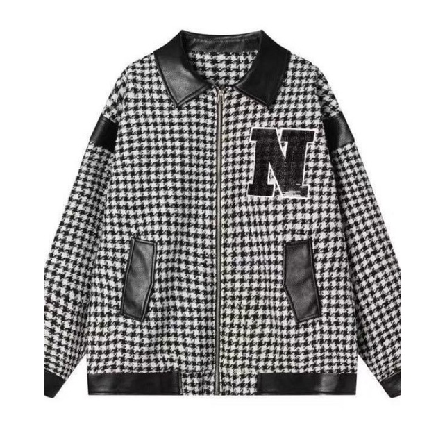 Áo dạ kẻ phối da siêu xinh