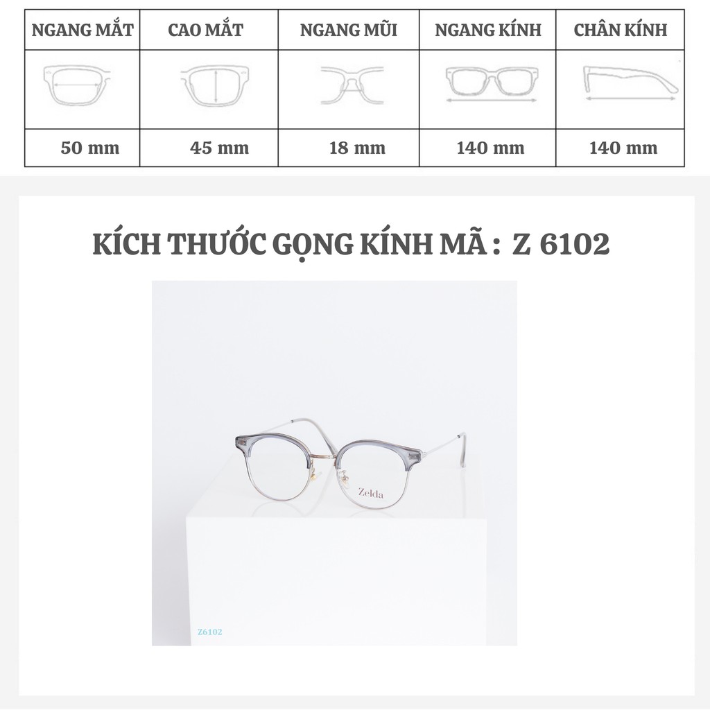 Gọng kính cận nam nữ dáng tròn kiểu clubmaster, lắp mắt cận hoặc 0 độ chống tia UV, ánh sáng xanh, đổi màu Z6102
