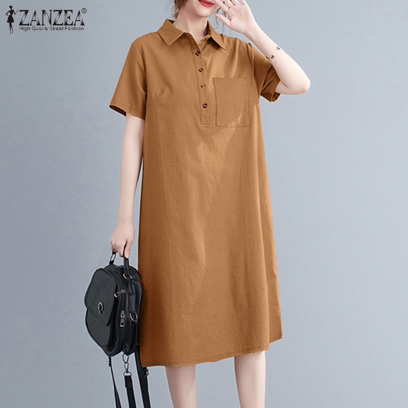 Đầm midi Zanzea tay ngắn cổ bẻ có túi phong cách vintage thời trang cho nữ