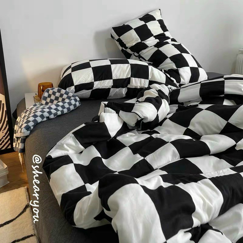 Bộ chăn ga gối Poly Cotton Kẻ caro đen trắng sang trọng cao cấp (Tặng vỏ gối ôm) - Miễn phí bo chun