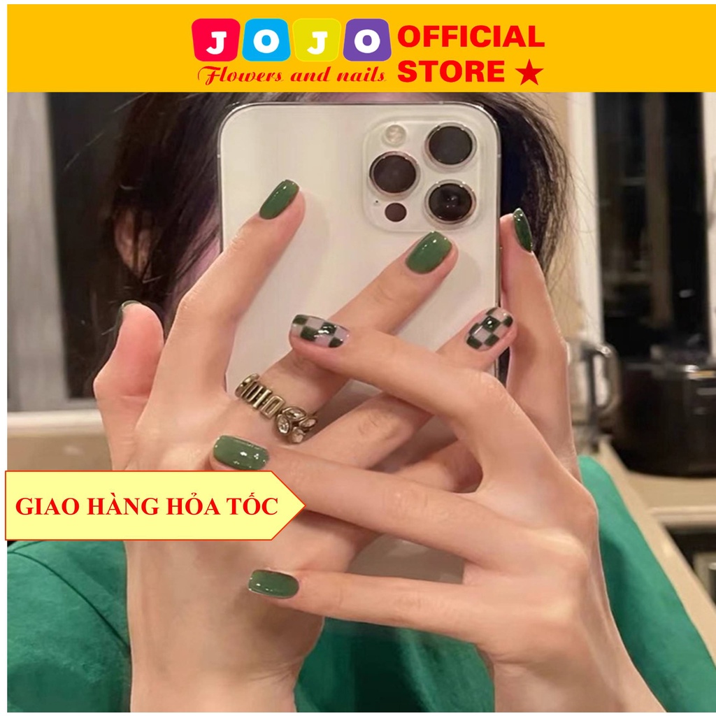Set 24 móng tay giả sơn trơn vuông xanh kẻ caro Jojo PD167 thiết kế thời trang Jojo móng giả đẹp có keo dán