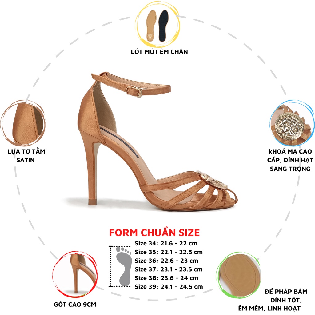 Giày Sandal cao gót quai Rọ 9p Muzzle Varsace HADU M943 chất liệu lụa tơ tằm Satin