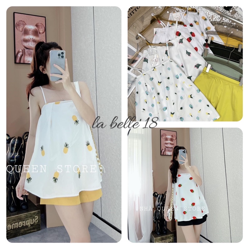 Set aos 2 dây hoa quả mix quần sooc đùi nhiều màu chất thô đũi Bộ 2s hở vai