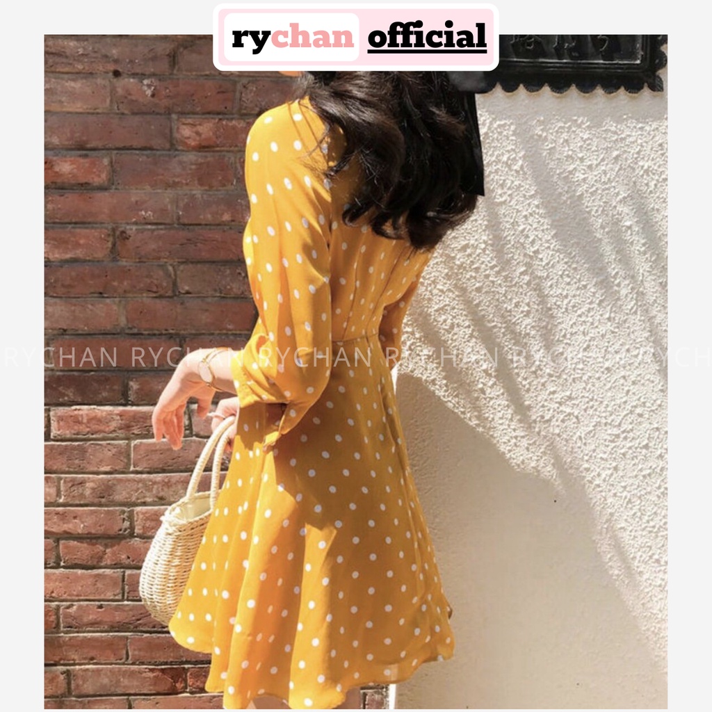 [ẢNH THẬT CUỐI] DX822 - Đầm Xòe Đi Du Lịch Biển Chấm Bi Vàng Cam Cổ V