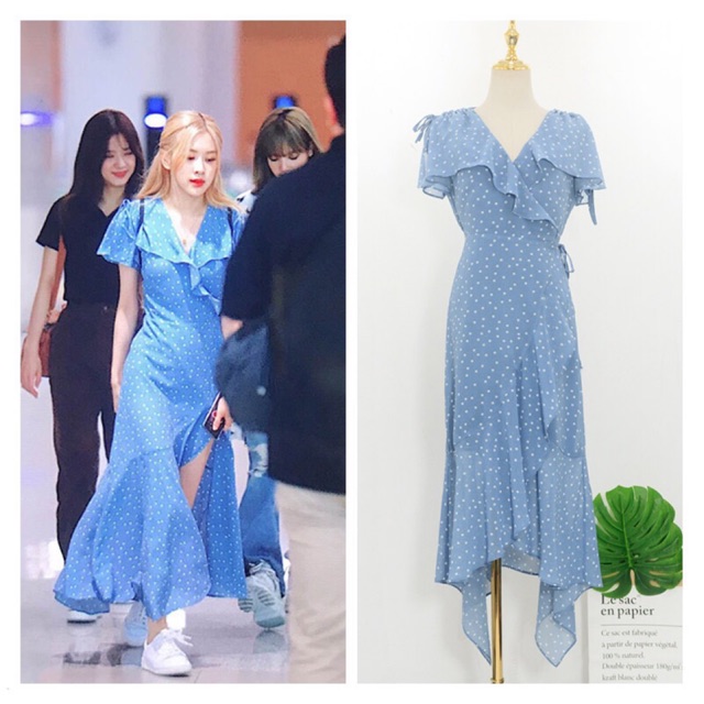 Hình thật Đầm chấm bi xanh dương công chúa giống BlackPink Rosé