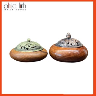 Lư gỗ đốt trầm nắp đồng_tặng kèm nụ trầm viên_xông nụ, khoanh trầm_cao 3cm_đường kính 5,5cm_giao màu ngẫu nhiên