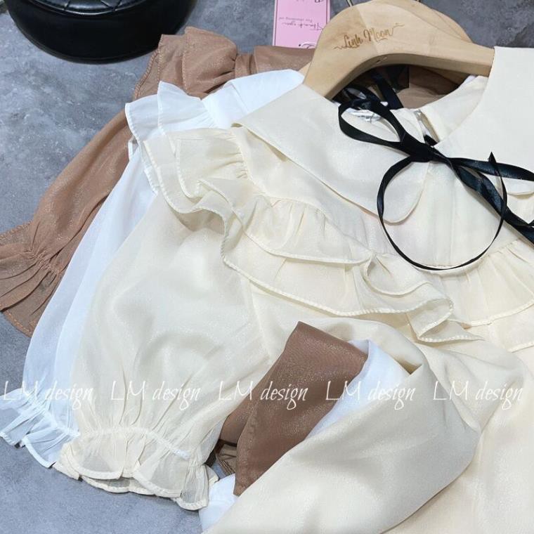 Áo sơ mi tơ cổ sen bèo nhún cộc tay xinhh, Áo sơ mi bánh bèo kèm nơ - MOONMY | BigBuy360 - bigbuy360.vn