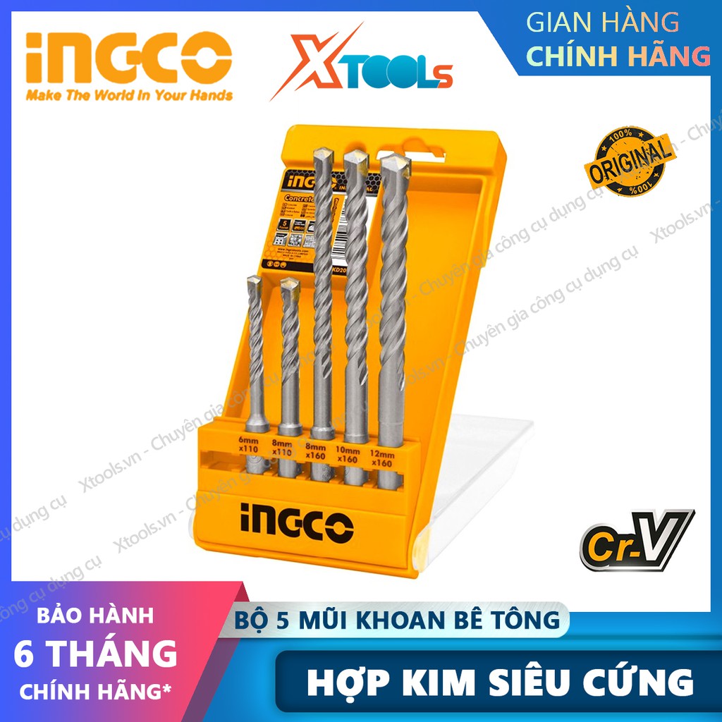 Bộ mũi khoan bê tông đuôi gài 5 chi tiết INGCO AKD2052 6-12mm hợp kim siêu cứng, mũi khoan tường, gạch đá đa chức năng.