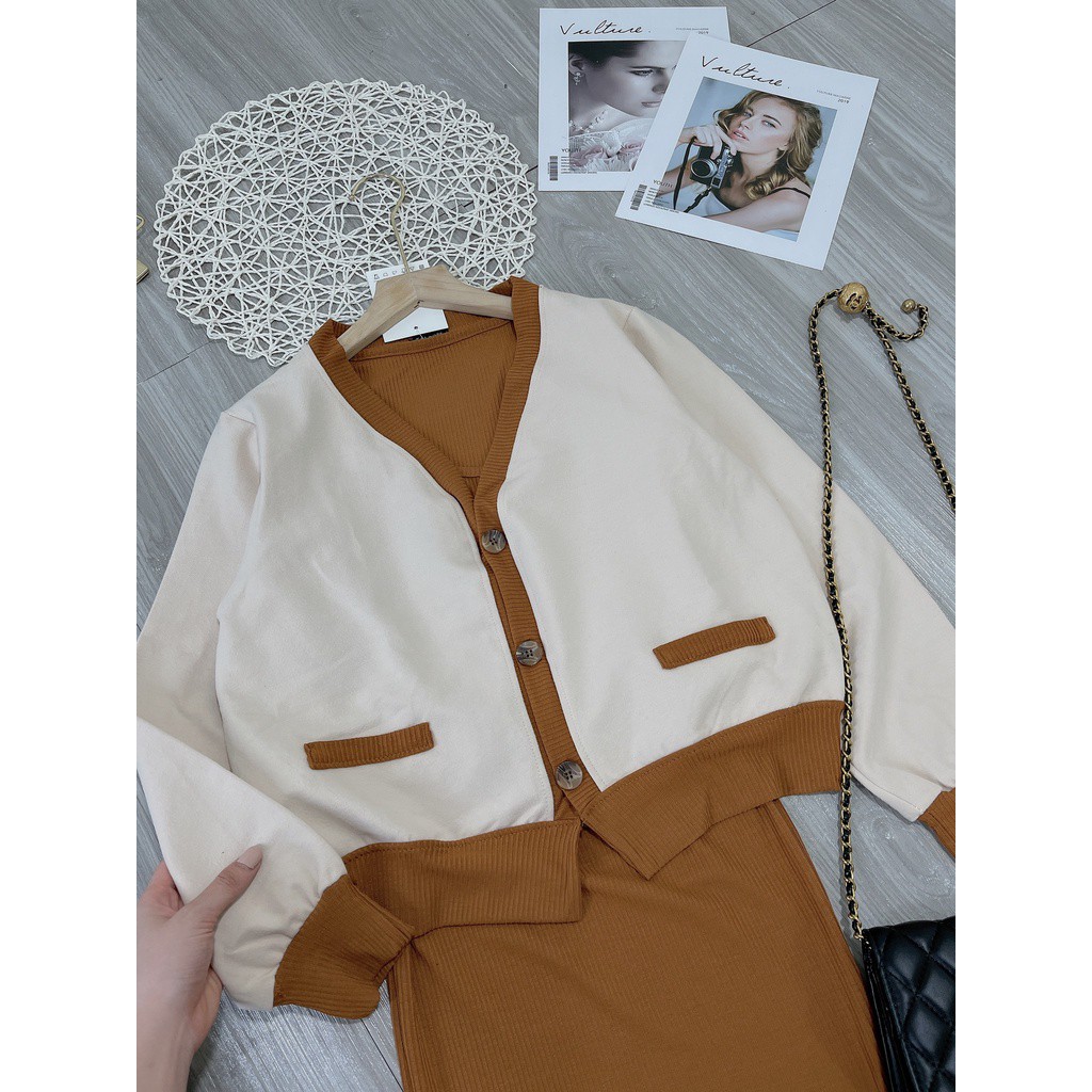 Set áo cardigan 2 món phối viền váy body nữ tông dáng