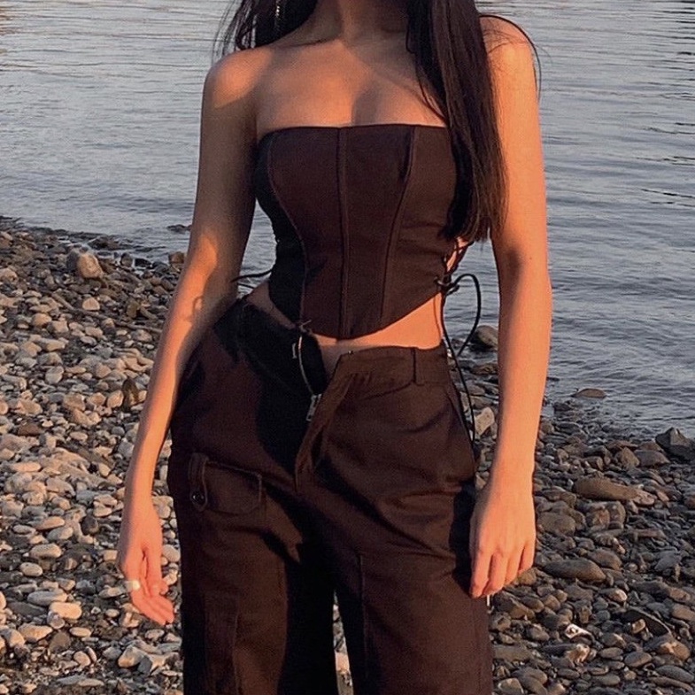 Áo Croptop Kaki Có Gọng Form Cứng Cáp Cột Dây Phong Cách Sexy, Áo Ôm Body Hàng Nhập Form Cao Cấp