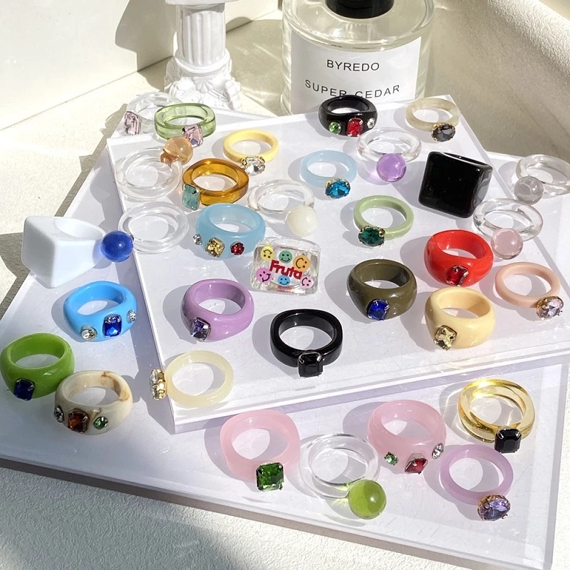 Set 8 nhẫn dạng đá resin phong cách Hàn Quốc retro thanh lịch thời trang làm quà tặng dành cho nữ