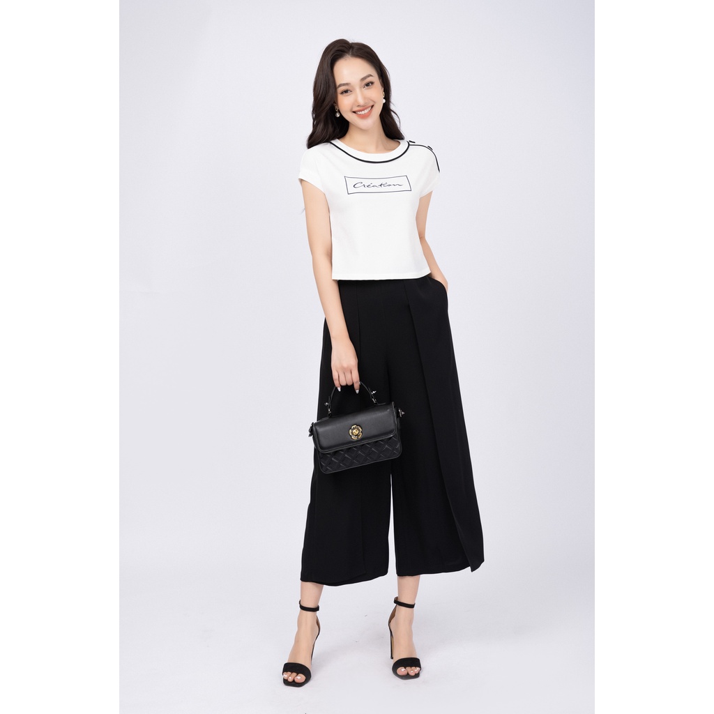 Áo sơ mi nữ dáng croptop suông kẹp lé phối lưới viền cổ vai đính cúc trang trí FIONA F552150