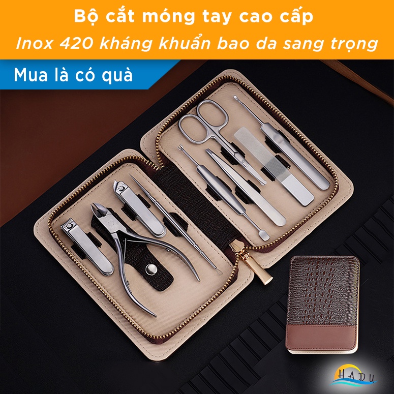 Bộ cắt móng tay cao cấp inox 420 kháng khuẩn, bấm móng tay siêu sắc bền bỉ bao da PU da cá sấu sang trọng HADU