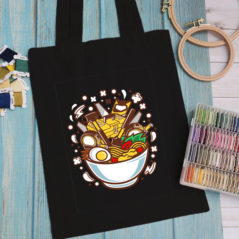 Túi vải, túi Tote (màu đen) CARTOON DESIGN - Mẫu 2 vải canvas dày đẹp cho nữ có khóa miệng đi học đi chơi.