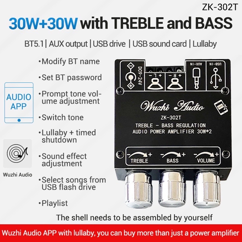 Bảng mạch khuyếch đại âm thanh Wuzhi ZK-302T 30W+30W 2.0 Bluetooth 5.1 chính hãng