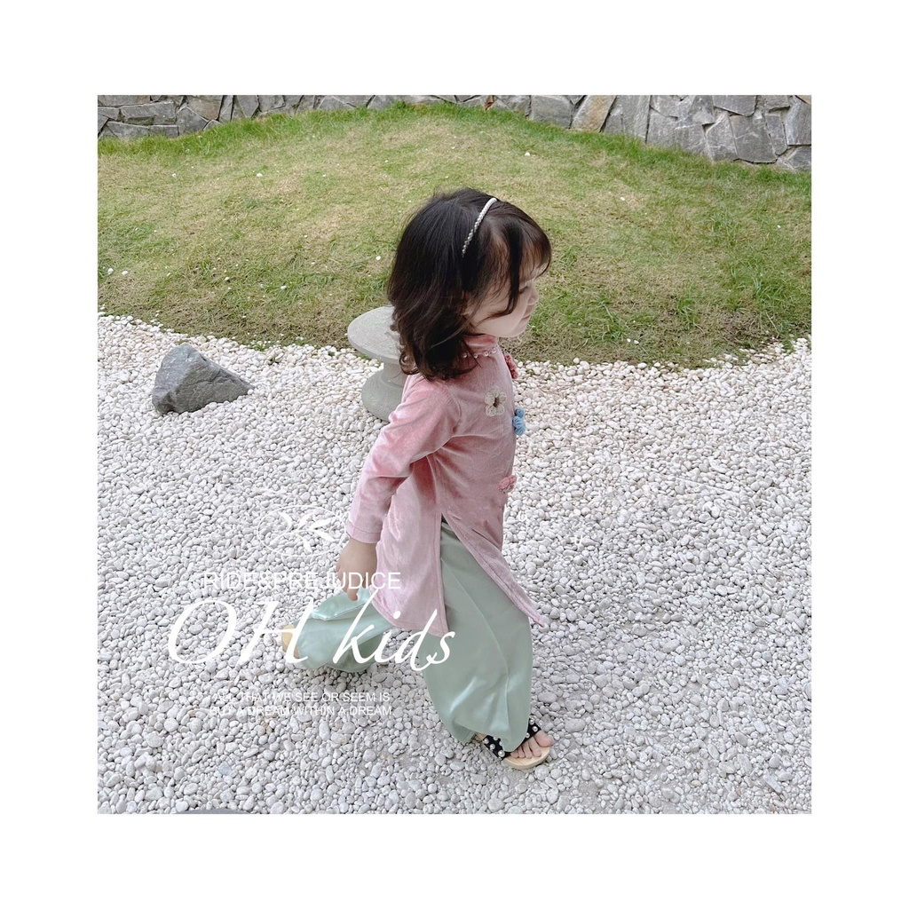 Set áo dài nhung đính hoa len cho bé gái