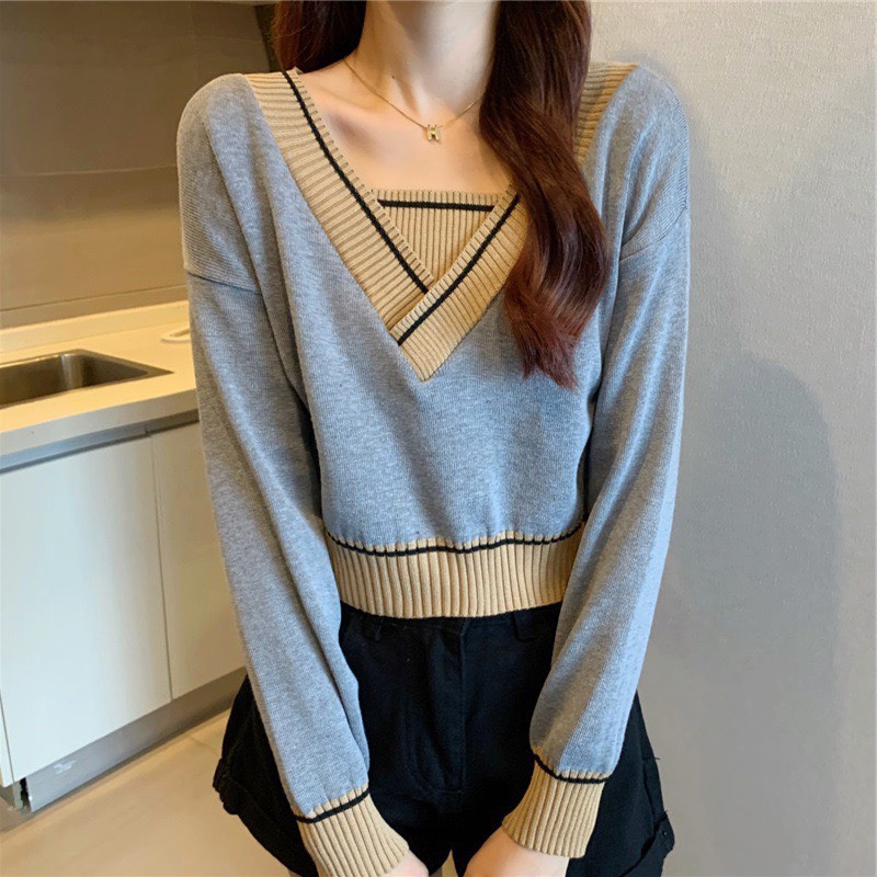 [CROPTOP] Áo Len Nữ Cổ V Dáng Ngắn Phong Cách Hàn Quốc | BigBuy360 - bigbuy360.vn