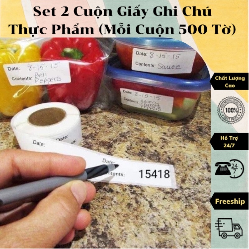 Set 2 cuộn giấy note, ghi chú thông tin, hạn sử dụng đồ dùng, thực phẩm, dễ sử dụng, tiện lợi