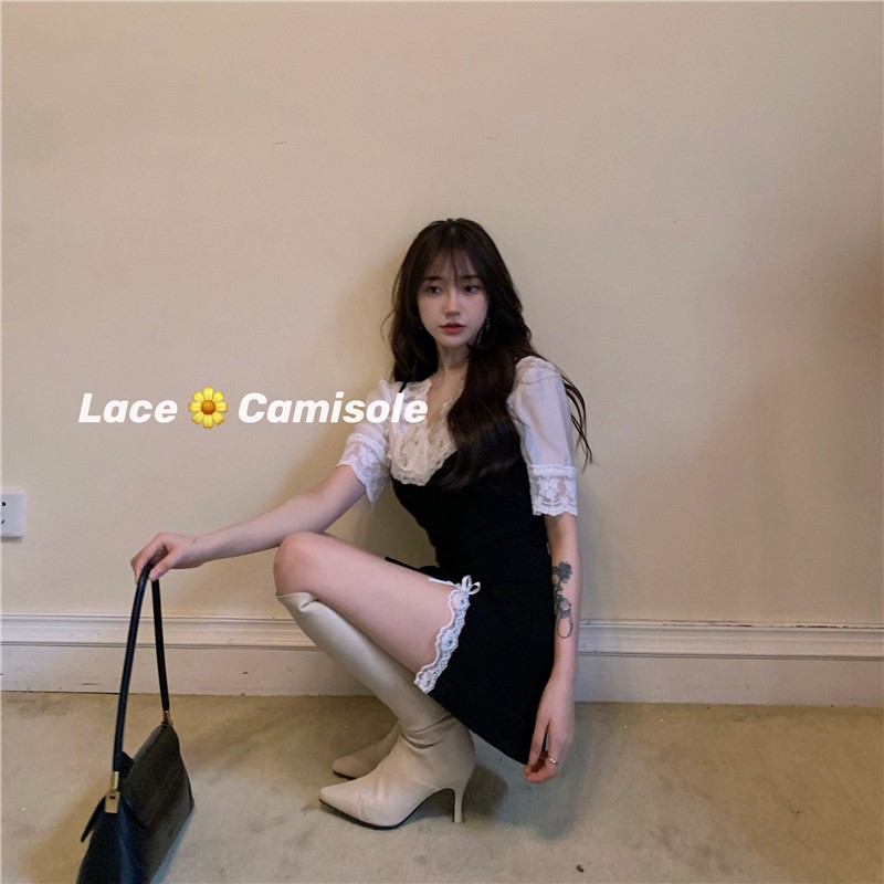 [Mã WAMT1505 giảm 10K đơn 0K] Set Bộ Áo Ren Trắng Cộc Tay Mix Váy 2 Dây Đen Ôm Body Xẻ Tà Phong Cách Sexy S00127 | BigBuy360 - bigbuy360.vn